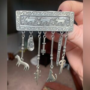 JJ Jonette 1988 vintage pewter brooch pin w/ dangling charms